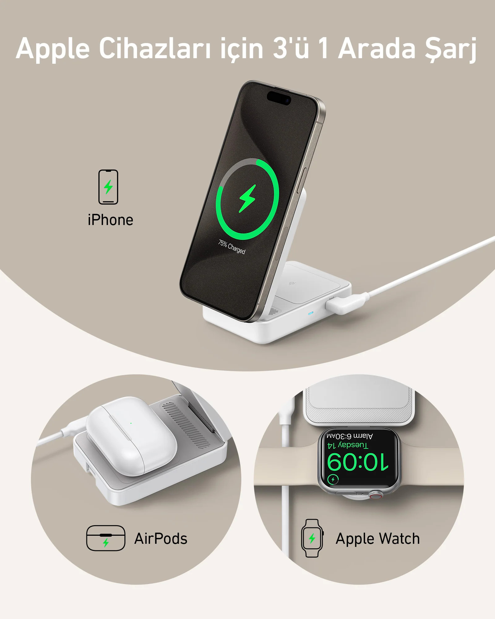 Yeşil bir güç sembolü ile bir iPhone, AirPods ve Apple Watch'ı şarj eden bir şarj istasyonu.