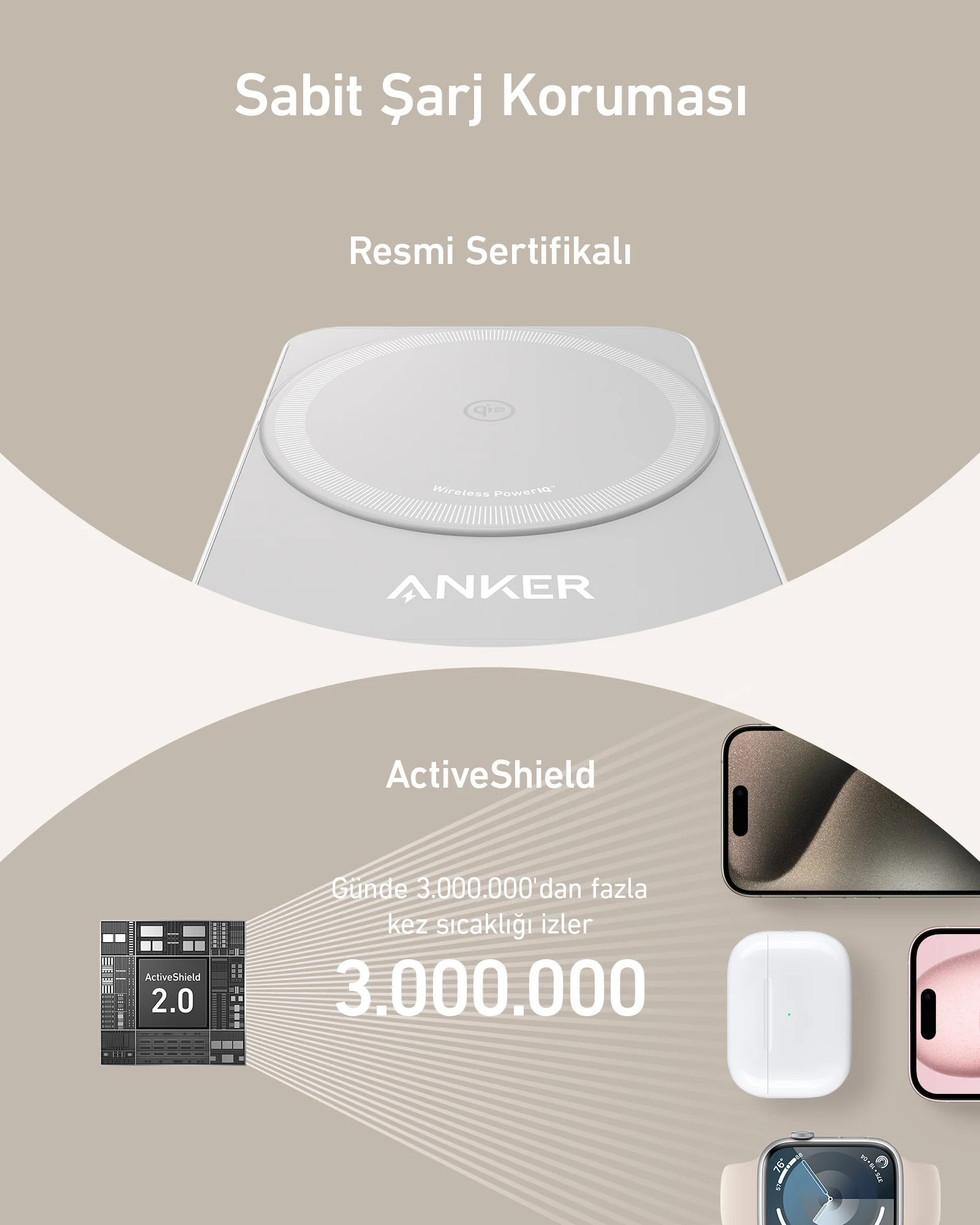 Bir telefon ve diğer cihazların görüntülendiği beyaz bir ANKER kablosuz şarj cihazı.