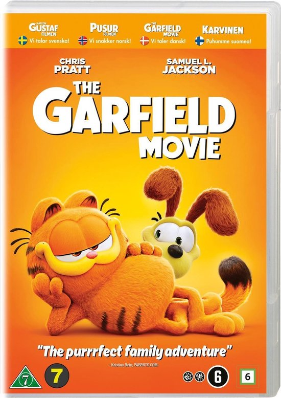 DVD-hoes voor 'The Garfield Movie'. Garfield en Odie staan op de cover. Oranje achtergrond.