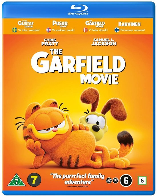 De Garfield Movie Blu-ray cover. Garfield, Odie en tekst op een oranje achtergrond.