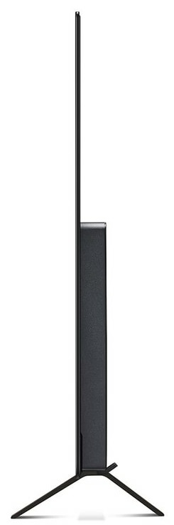 Czarny telewizor na stojaku. Widok z boku. Elegancki design. Czarny stojak.