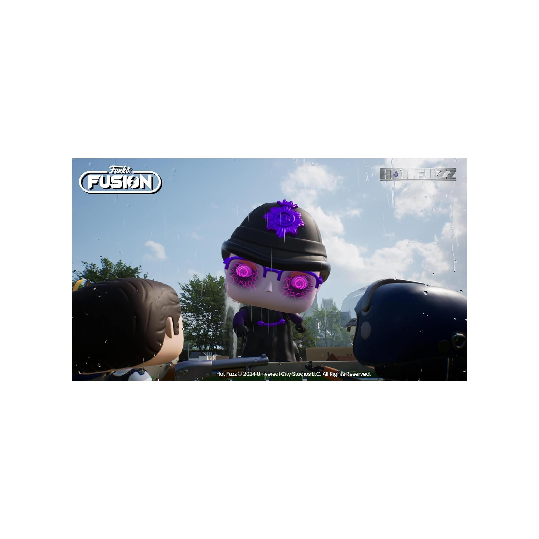 Mor gözlü ve saçlı bir karakterin Funko Pop figürü. Arka plan bulutlu bir gökyüzü ve iki figürden oluşuyor.