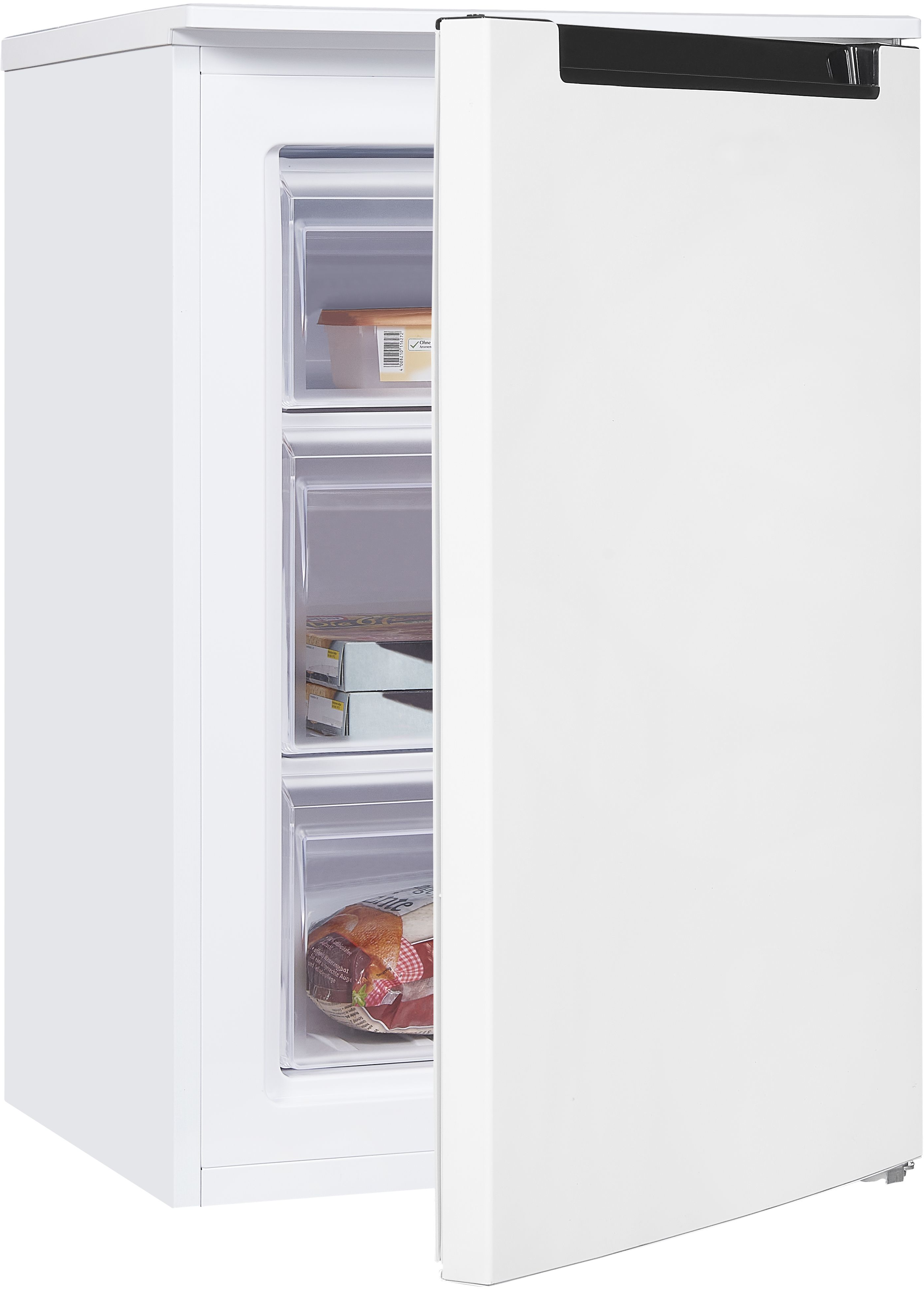 Un congélateur de réfrigérateur blanc avec la porte ouverte, montrant trois tiroirs avec de la nourriture à l'intérieur.