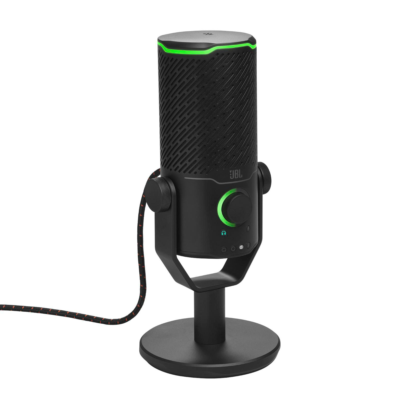 Schwarzes JBL-Mikrofon mit grünem Licht und Lautstärkeregler auf einem Ständer.