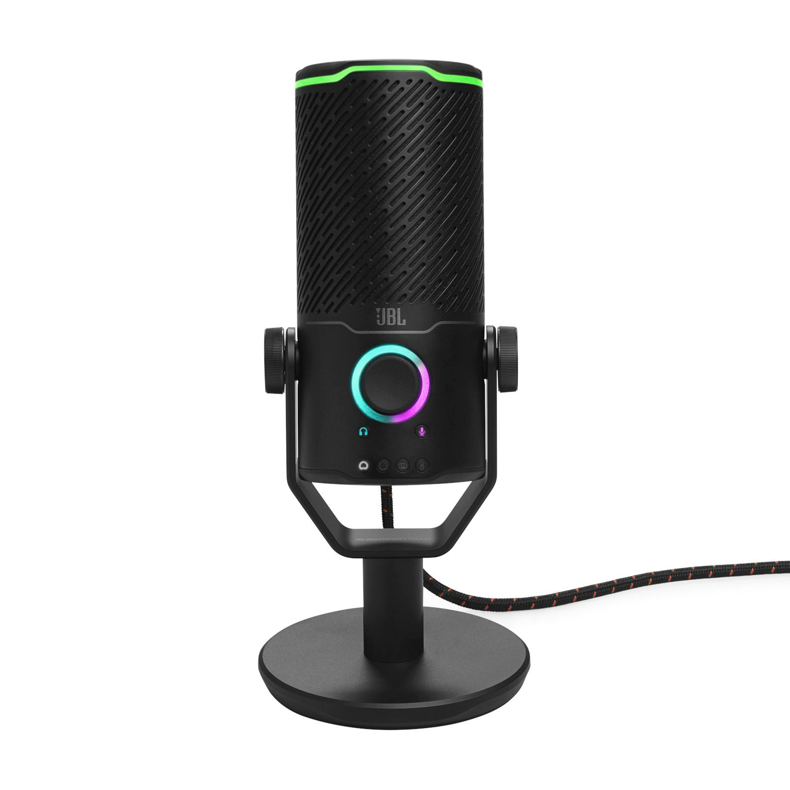 Ein schwarzes JBL-Mikrofon mit farbigem Ringlicht, das auf einem schwarzen Ständer mit Kabel steht.