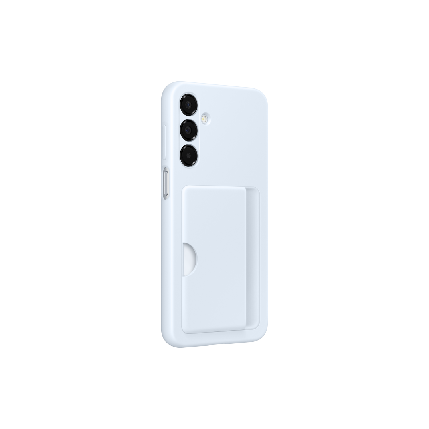 Lichtblauwe telefoonhoes met een kaartsleuf aan de achterkant. Strak en eenvoudig ontwerp.