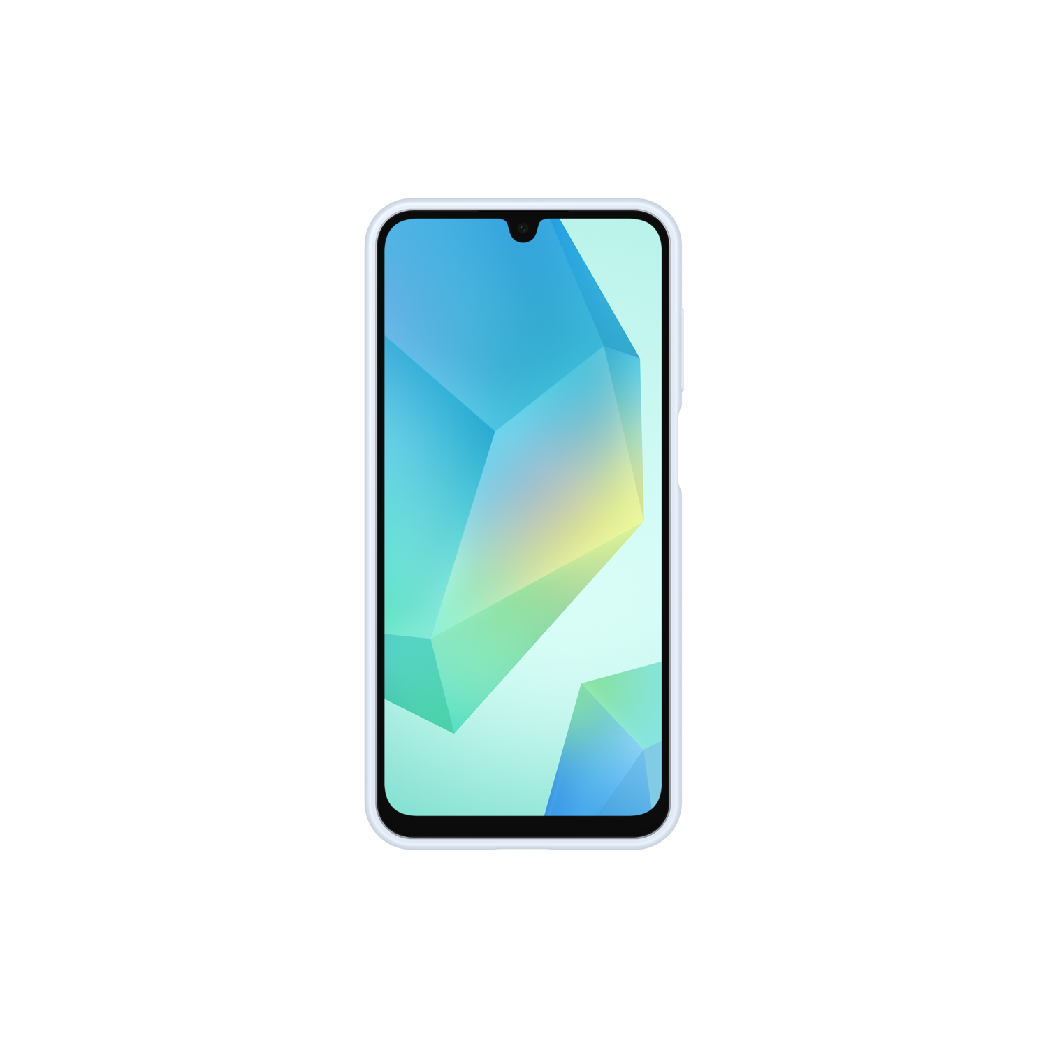 Een witte smartphone toont een kleurrijk geometrisch ontwerp tegen een zwarte achtergrond.