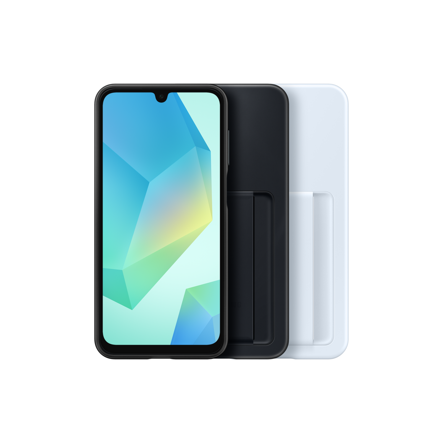 Smartphone met een scherm met een blauw en wit patroon, zwarte en witte standaards.