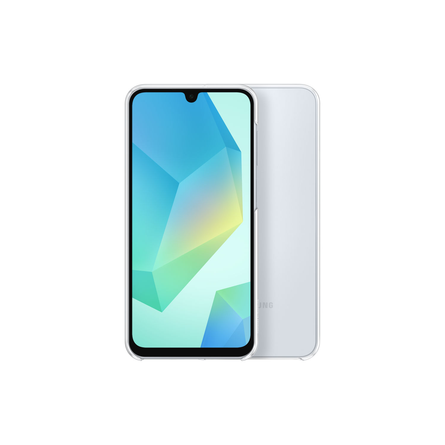 Witte Samsung telefoon, voor- en achteraanzicht, op zwarte achtergrond.
