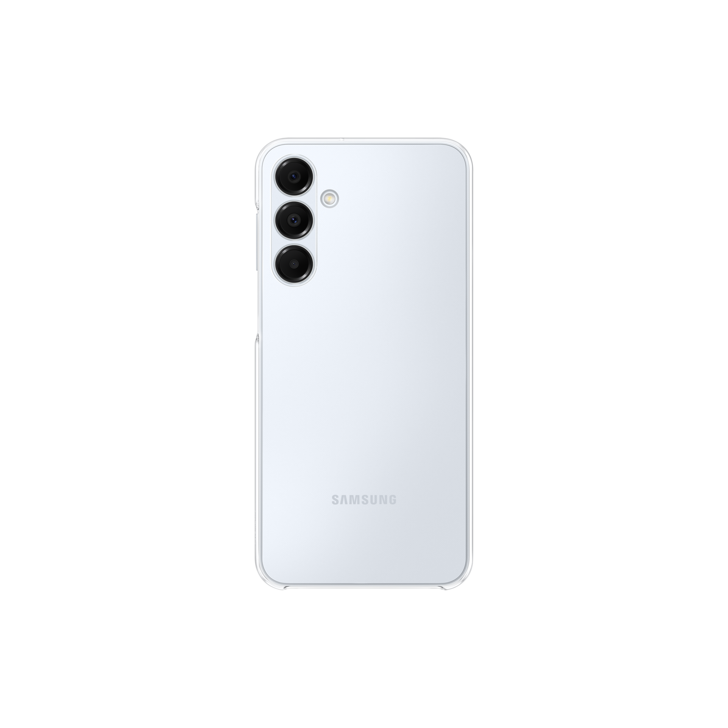 Witte telefoon met een drievoudige cameralens aan de achterkant, zwarte achtergrond.