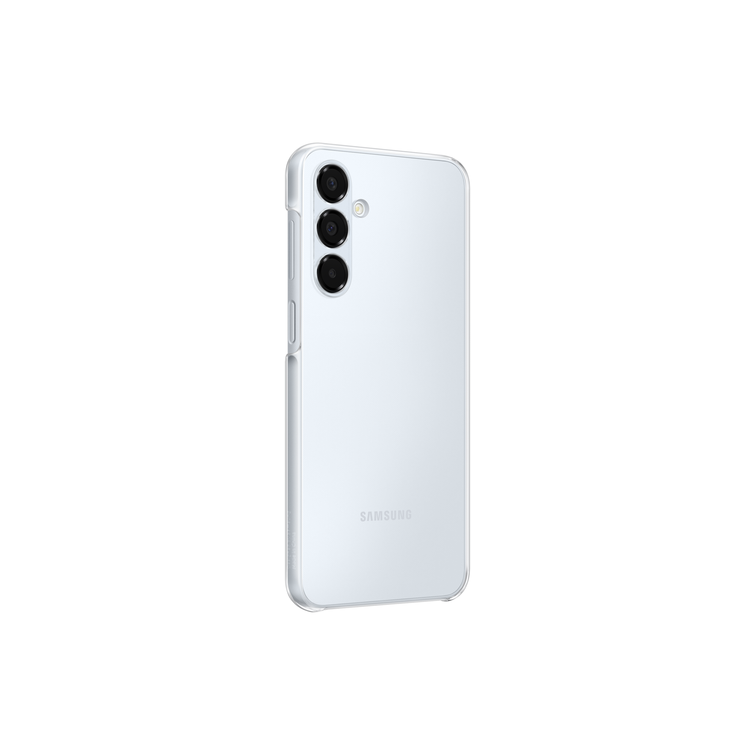 Witte smartphone met drievoudige camera en Samsung-logo op zwarte achtergrond.