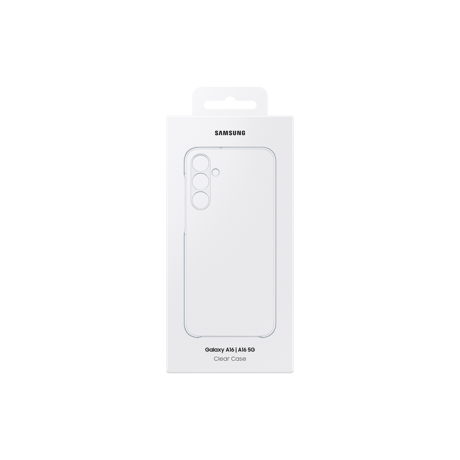 Een doorzichtige telefoonhoes in een witte doos met het Samsung-logo en modeldetails.