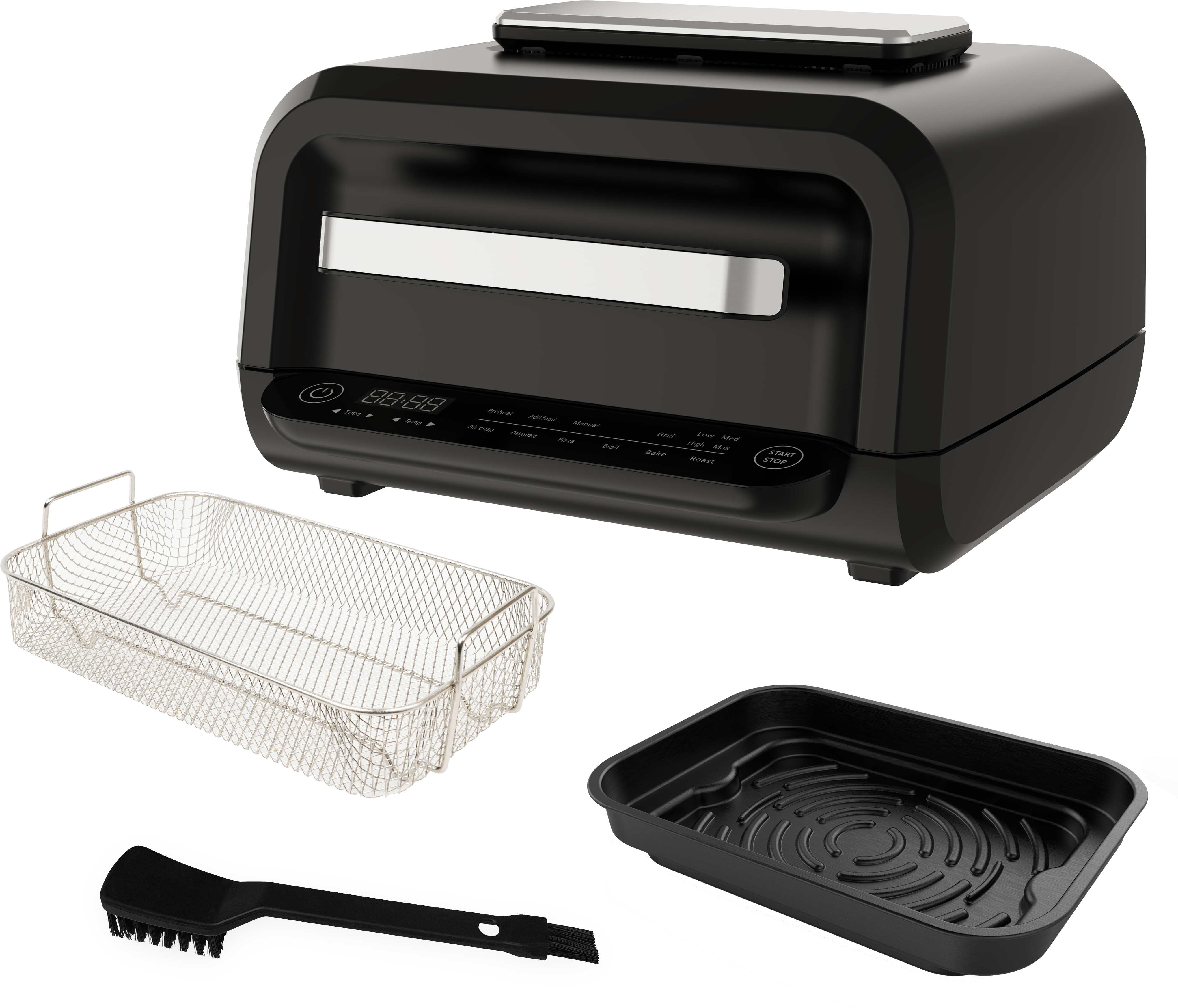 Friteuse à air noire avec accessoires : panier, plateau et brosse.