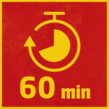 Timer mit gelbem Zifferblatt auf rotem Hintergrund, mit der Aufschrift 60 min.