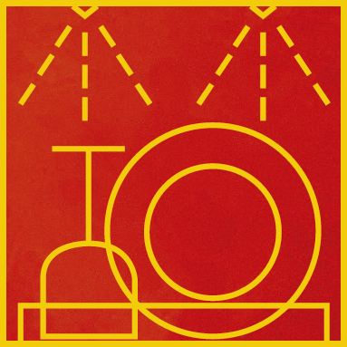 Roter Hintergrund mit gelben Linien und Formen. Das Bild ist ein Grafikdesign.