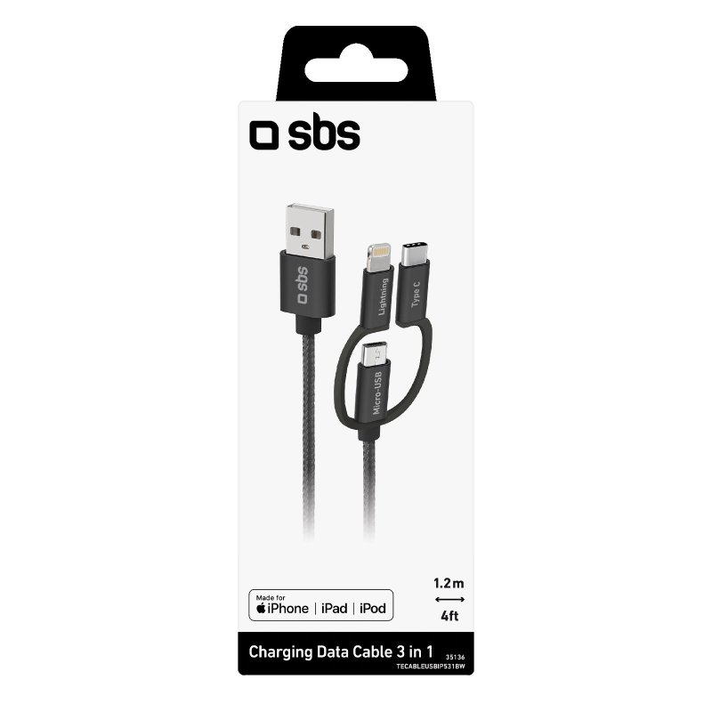 Ein Ladekabel in einer Verpackung. Es hat USB-, Lightning- und USB-C-Anschlüsse.
