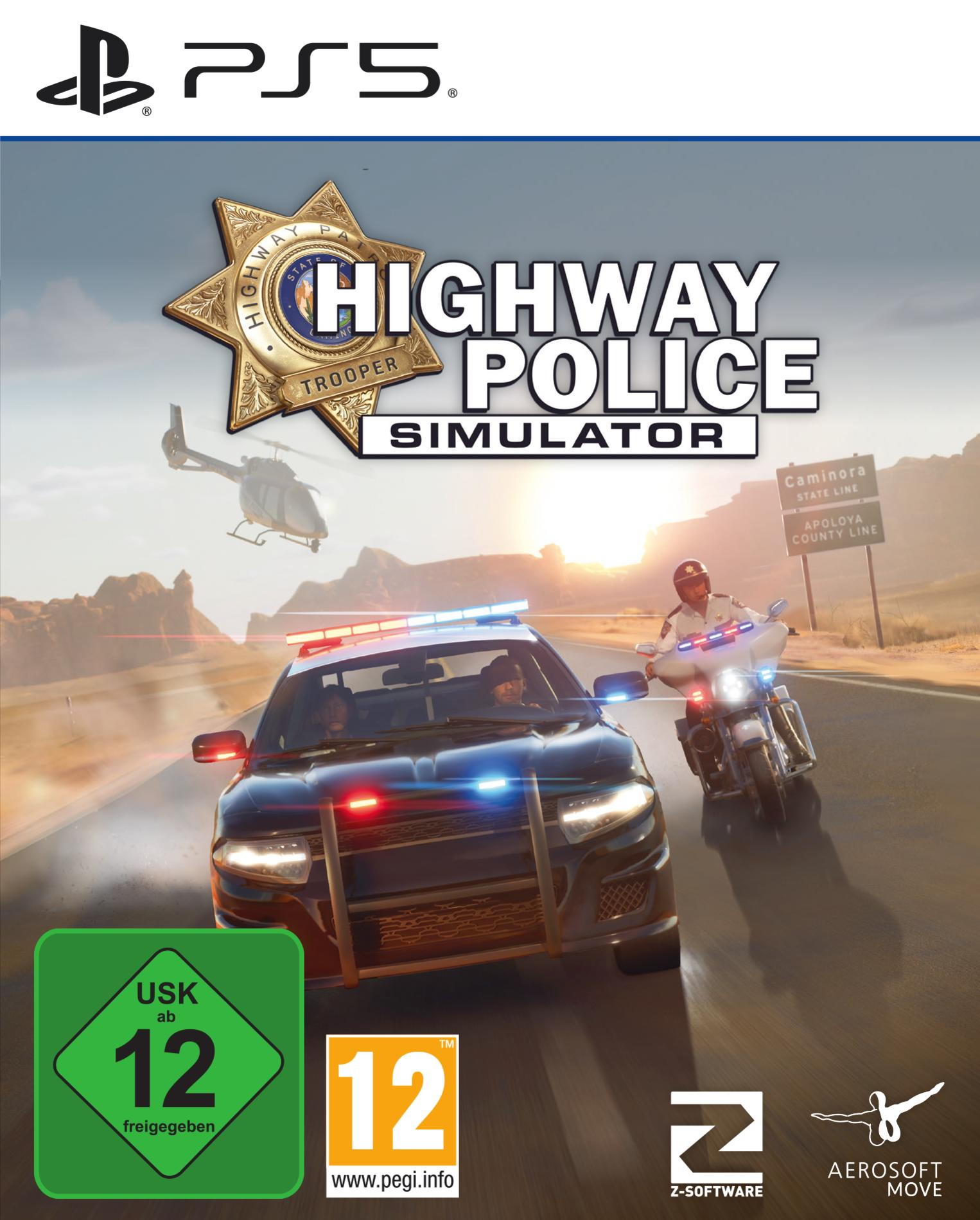 Highway Police Simulator-Spielcover, mit Polizeiauto und Motorrad auf der Straße.