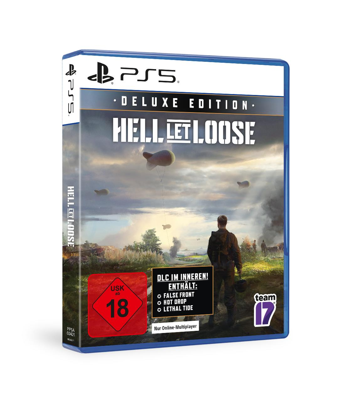 Eine PS5-Spielbox mit dem Titel 'Hell Let Loose Deluxe Edition' mit militärischem Thema.