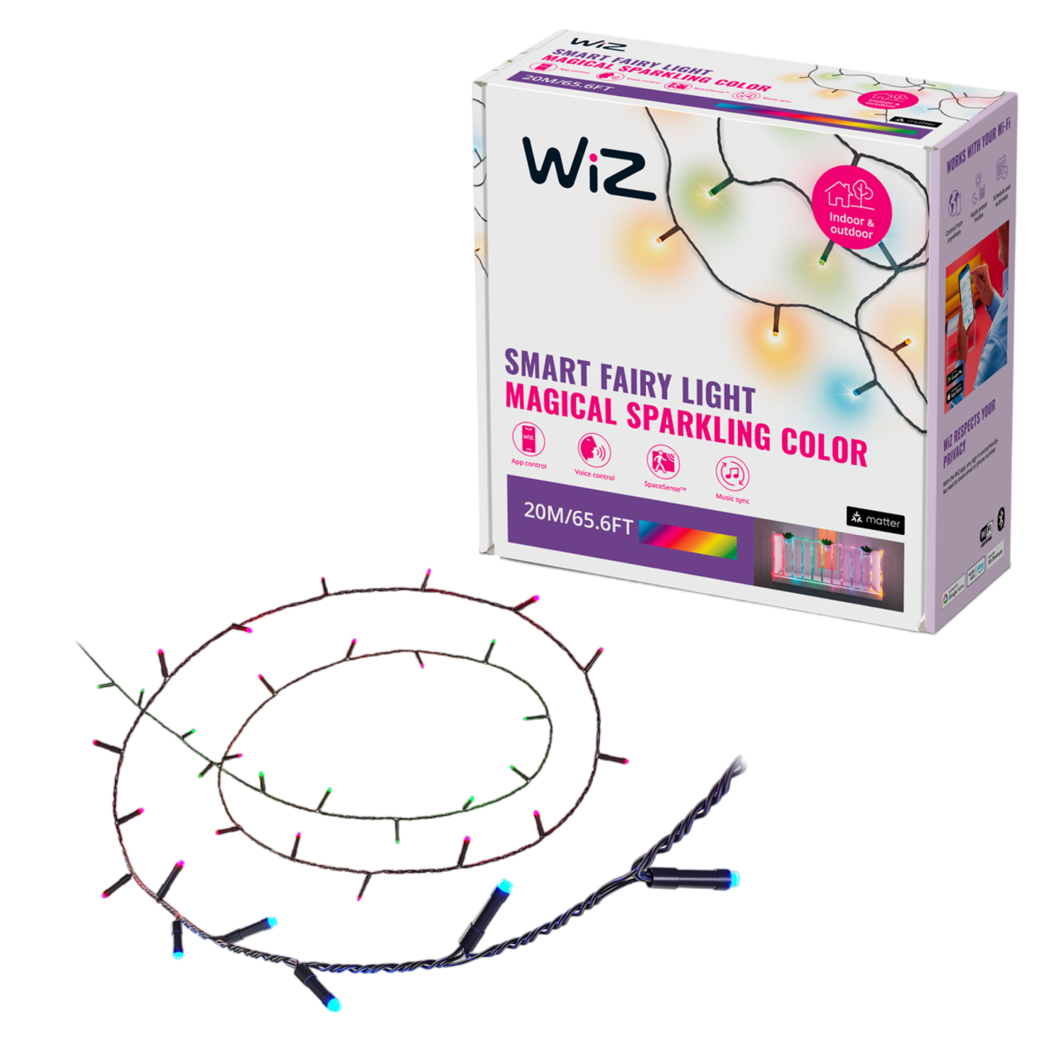 WiZ Slimme Lichtslinger - Wit en gekleurd licht - 20 Meter - 160 Lampjes - 8 Verschillende lichtzones