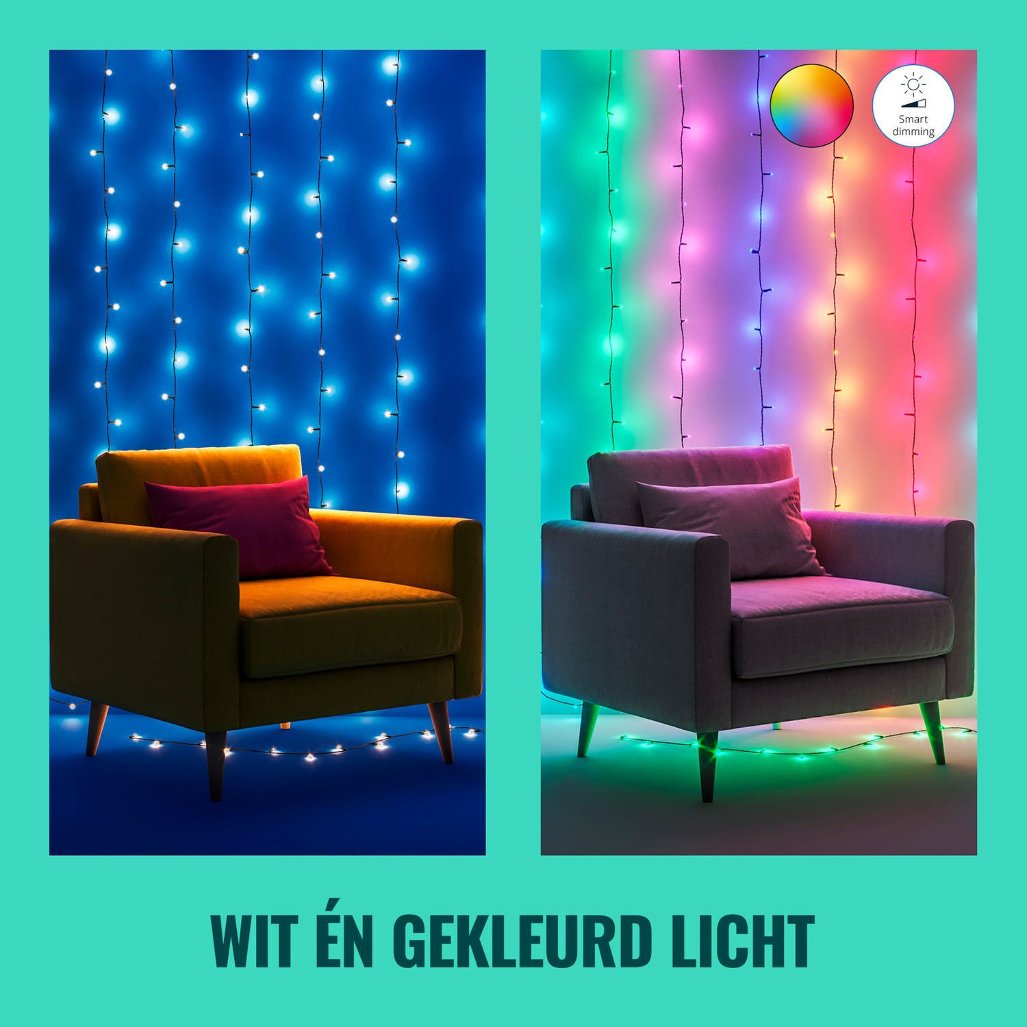 Two armchairs with lights on, one blue and one with several colors.