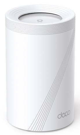 Biały router w kształcie walca z logo deco. Okrągły wierzch i przekątne linie.