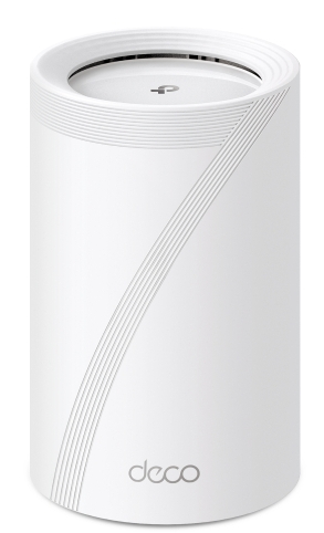 Biały, cylindryczny router wifi z subtelnym diagonalnym wzorem i napisem "deco".