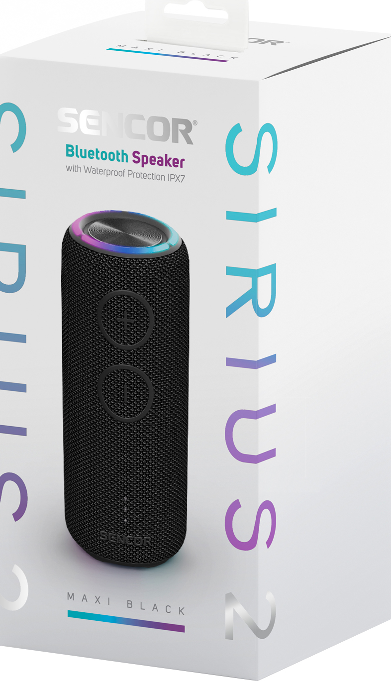 Fekete hengeres hangszóró fehér dobozzal. A dobozon a szöveg: 'SENCOR Bluetooth Speaker'.