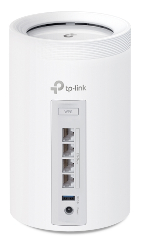 Biały router z portami i przyciskami. Białe tło.