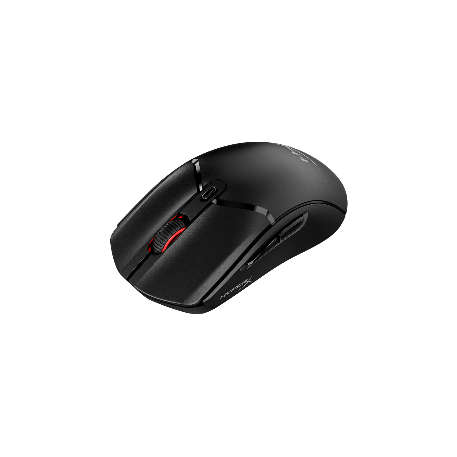 Kırmızı kaydırma tekerleği olan siyah HyperX oyun faresi, beyaz arka planda izole edilmiş.
