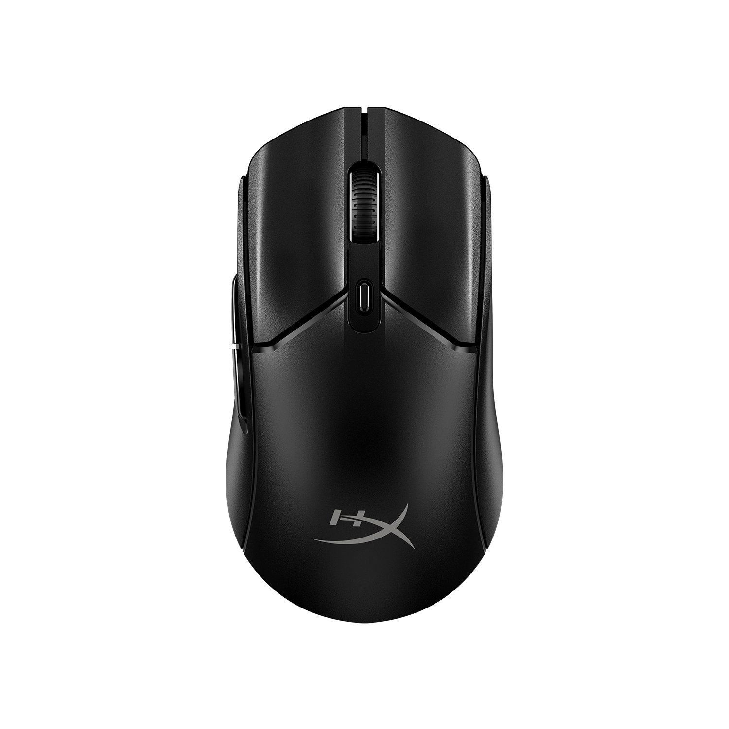 Kaydırma tekerleği ve HyperX logosu olan siyah HyperX oyun faresi, beyaz arka plan üzerinde.