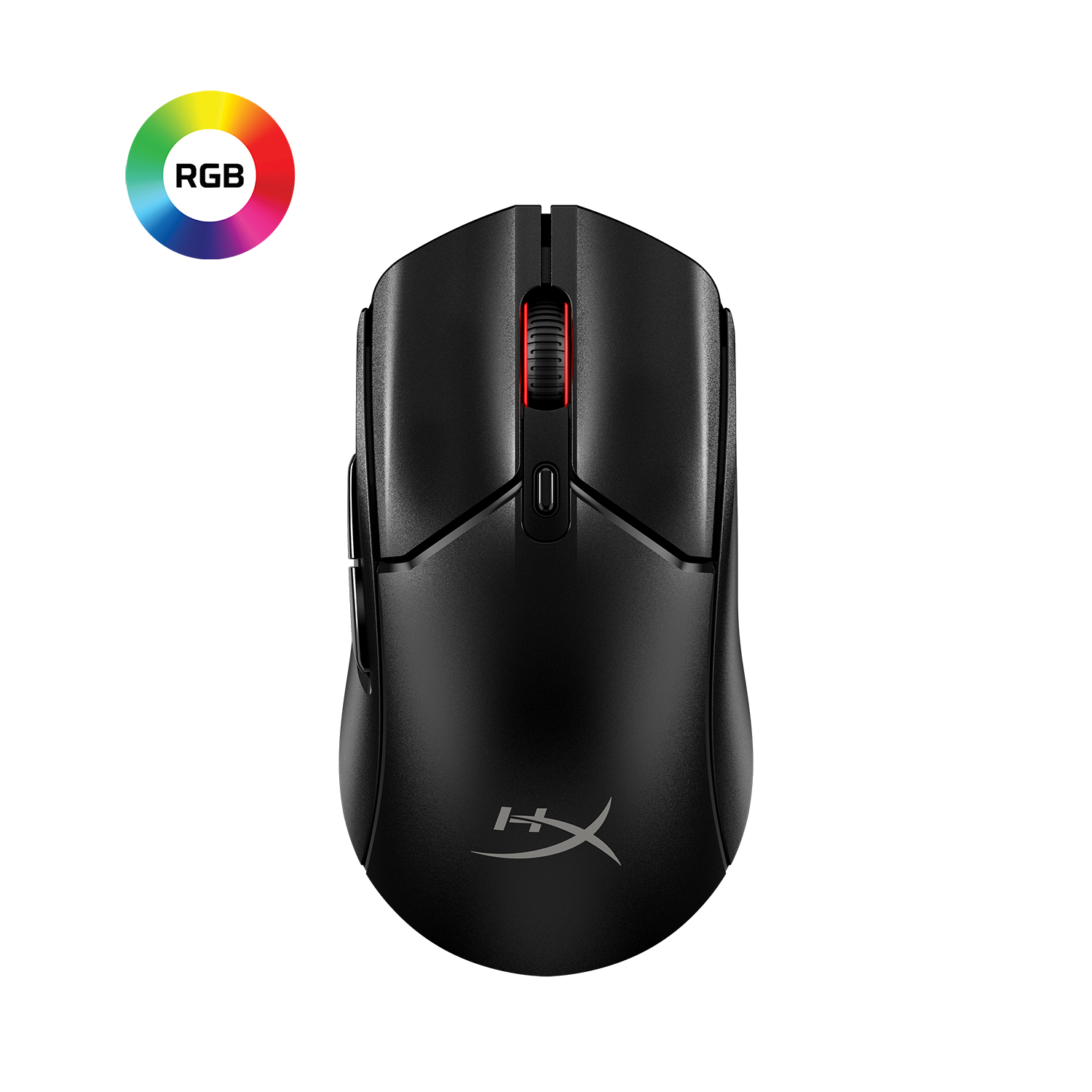 Kırmızı kaydırma tekerleği olan siyah oyun faresi. Sol üst köşede RGB çemberi. HyperX logosu.