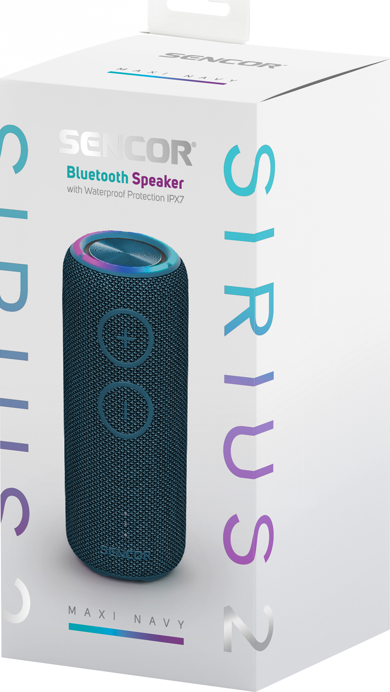 Kék-fekete hordozható bluetooth hangszóró a dobozában.