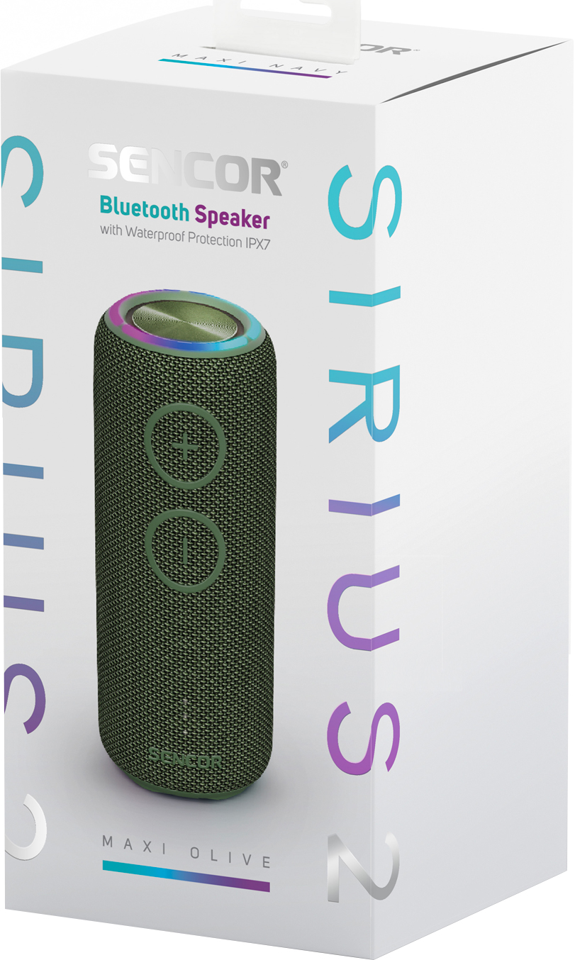 SENCOR Bluetooth hangszóró egy dobozban. Olívazöld hangszóró 'MAXI OLIVE' felirattal.