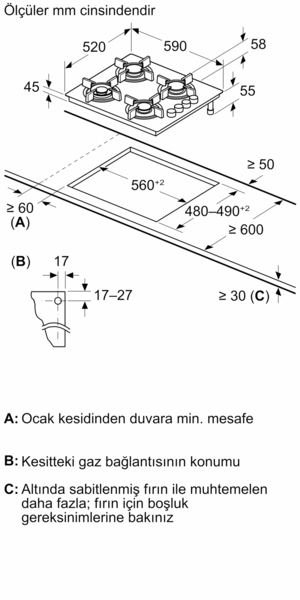 mm cinsinden ölçümlerle bir ocak şeması. Kesim boyutlarını ve gaz bağlantı ayrıntılarını gösterir.