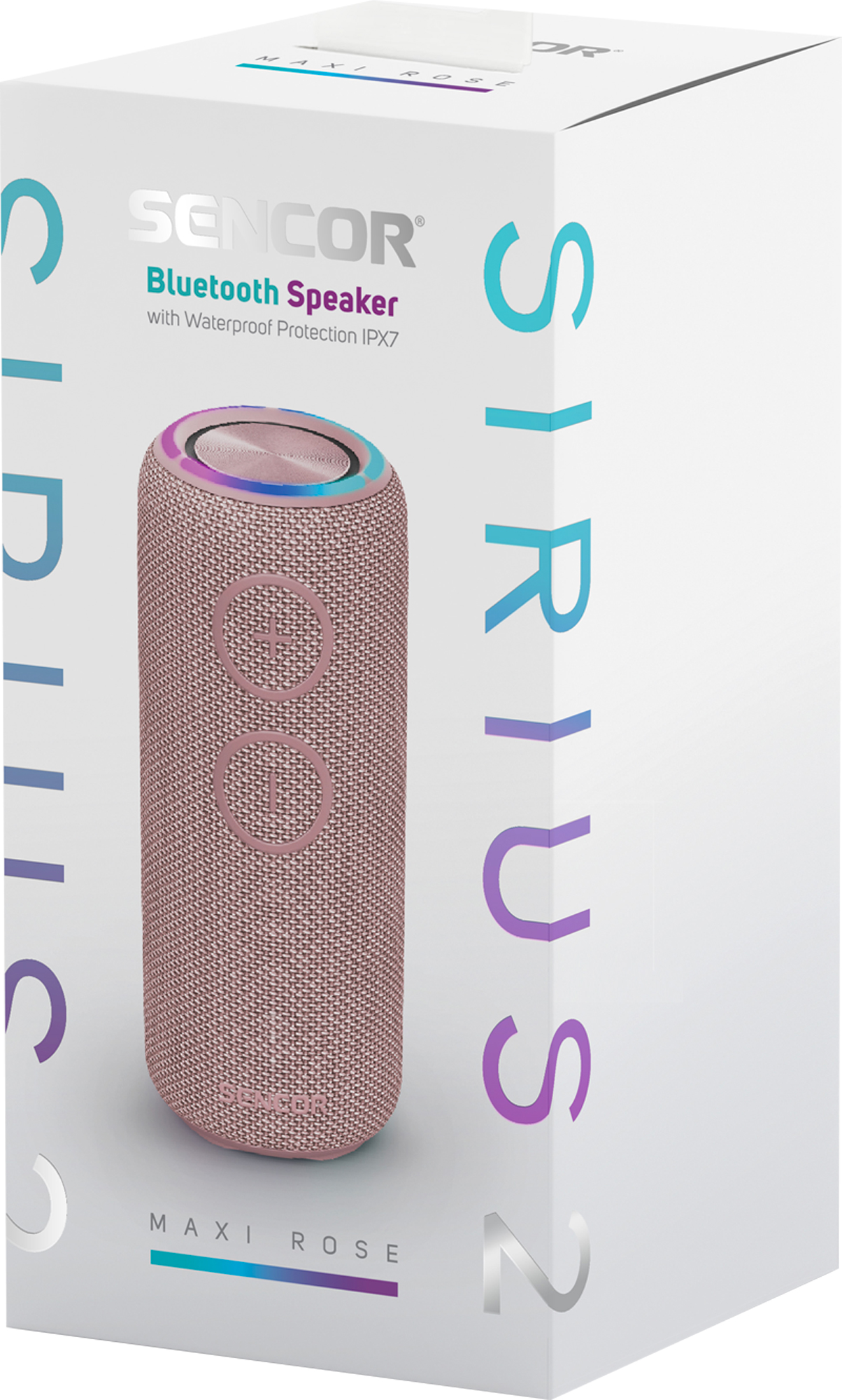 Egy rózsaszín, hengeres Bluetooth hangszóró fehér dobozzal és SENCOR névvel.