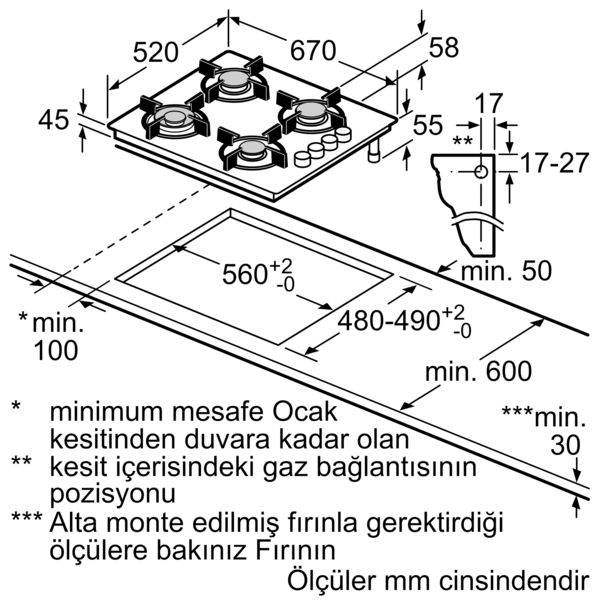 Milimetre cinsinden ölçülerle gömme bir gaz ocağının diyagramı.