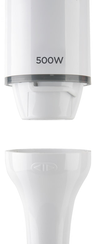 Egy fehér botmixer két darabja, a felső 500W-tal. Fehér, szürke sávval.