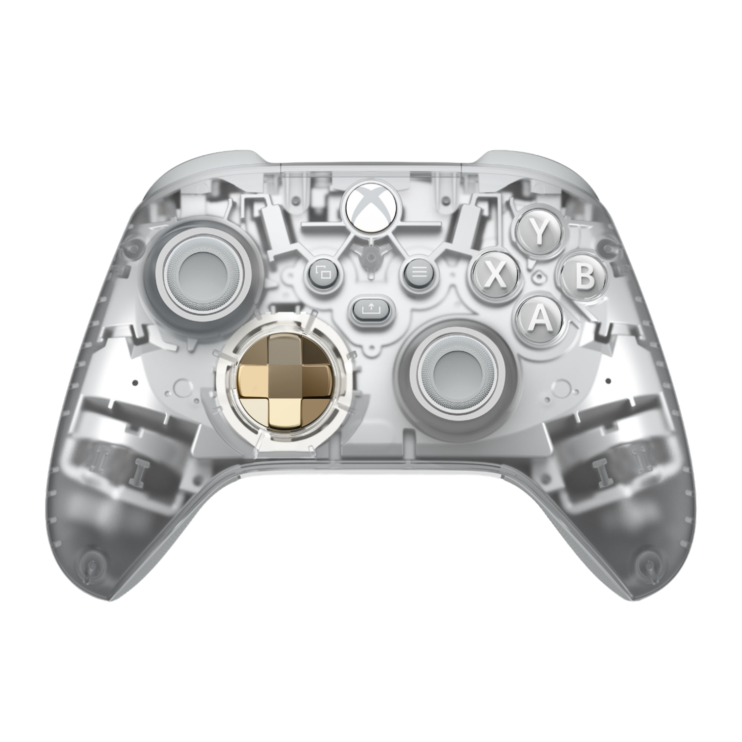 Xbox controller, doorzichtig met gouden accenten. Knoppen: X, Y, A, B en D-pad.