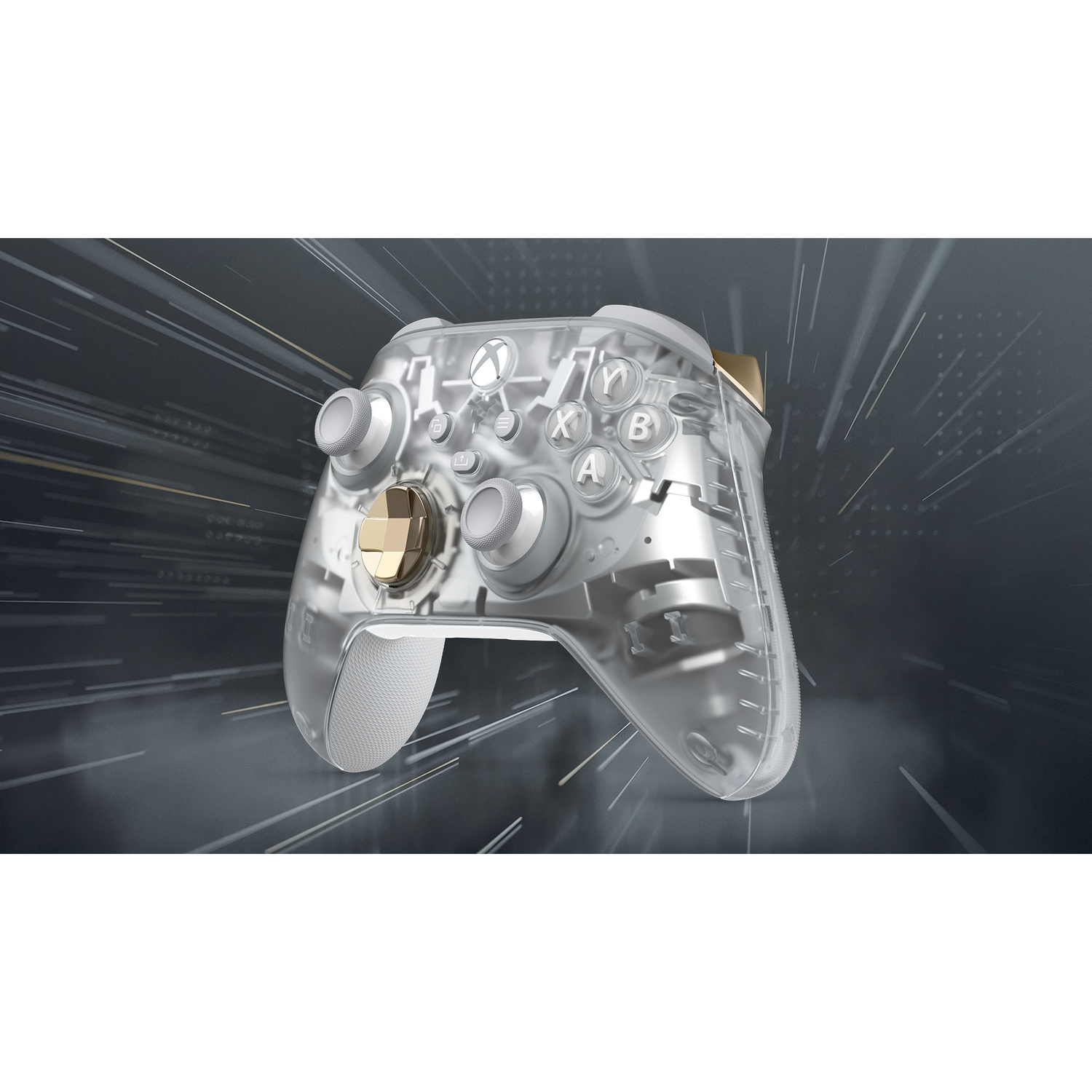 Transparante gamecontroller met gouden accenten en knoppen.