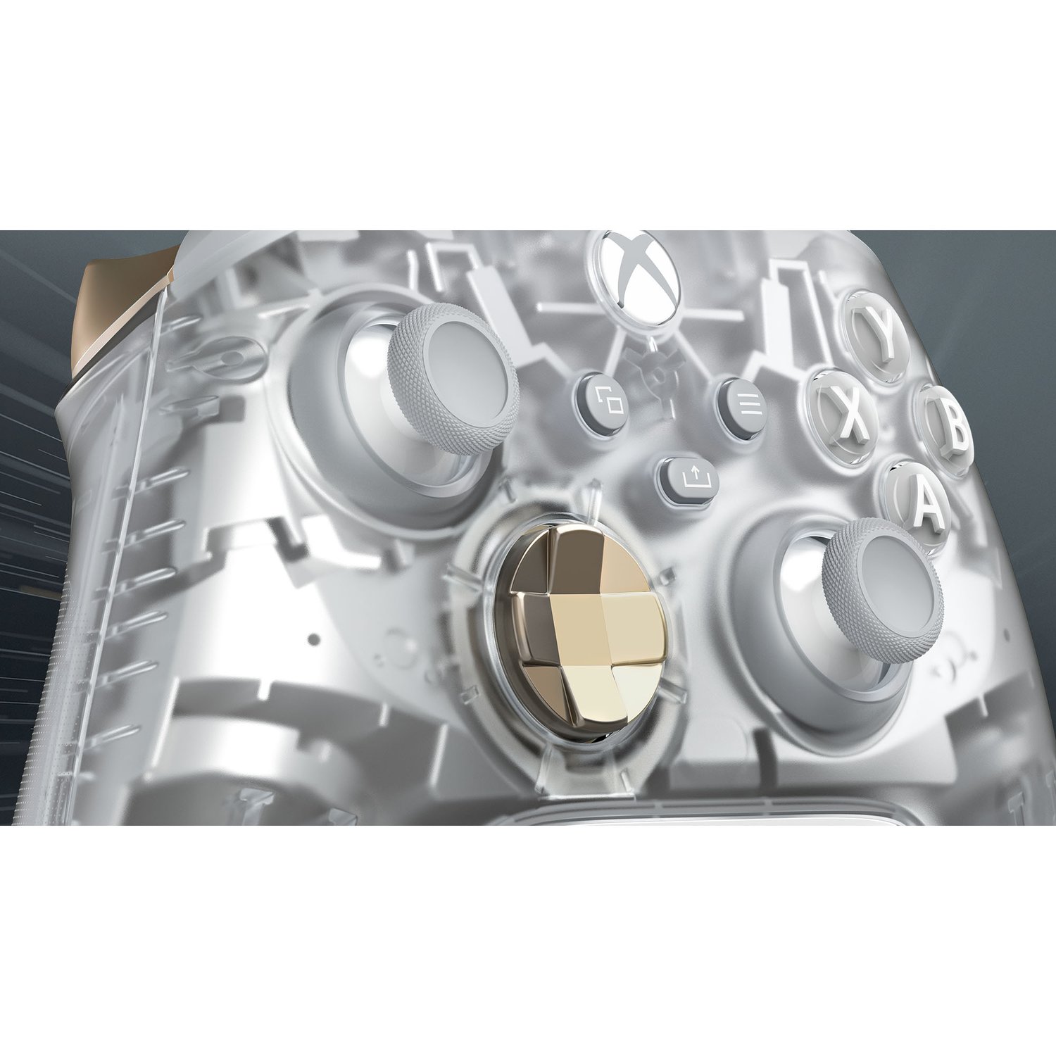 Transparante Xbox-controller met zichtbare interne componenten, knoppen en joystick.