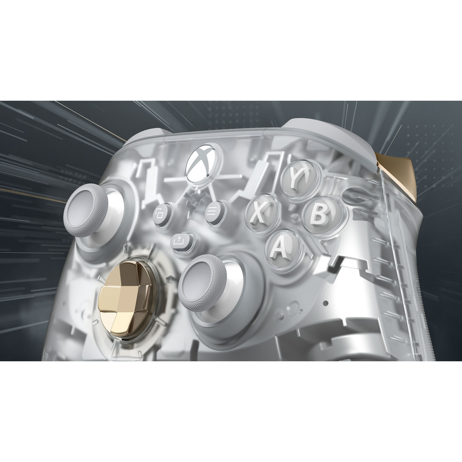 Transparante Xbox-controller met zichtbare interne componenten en gouden accenten.