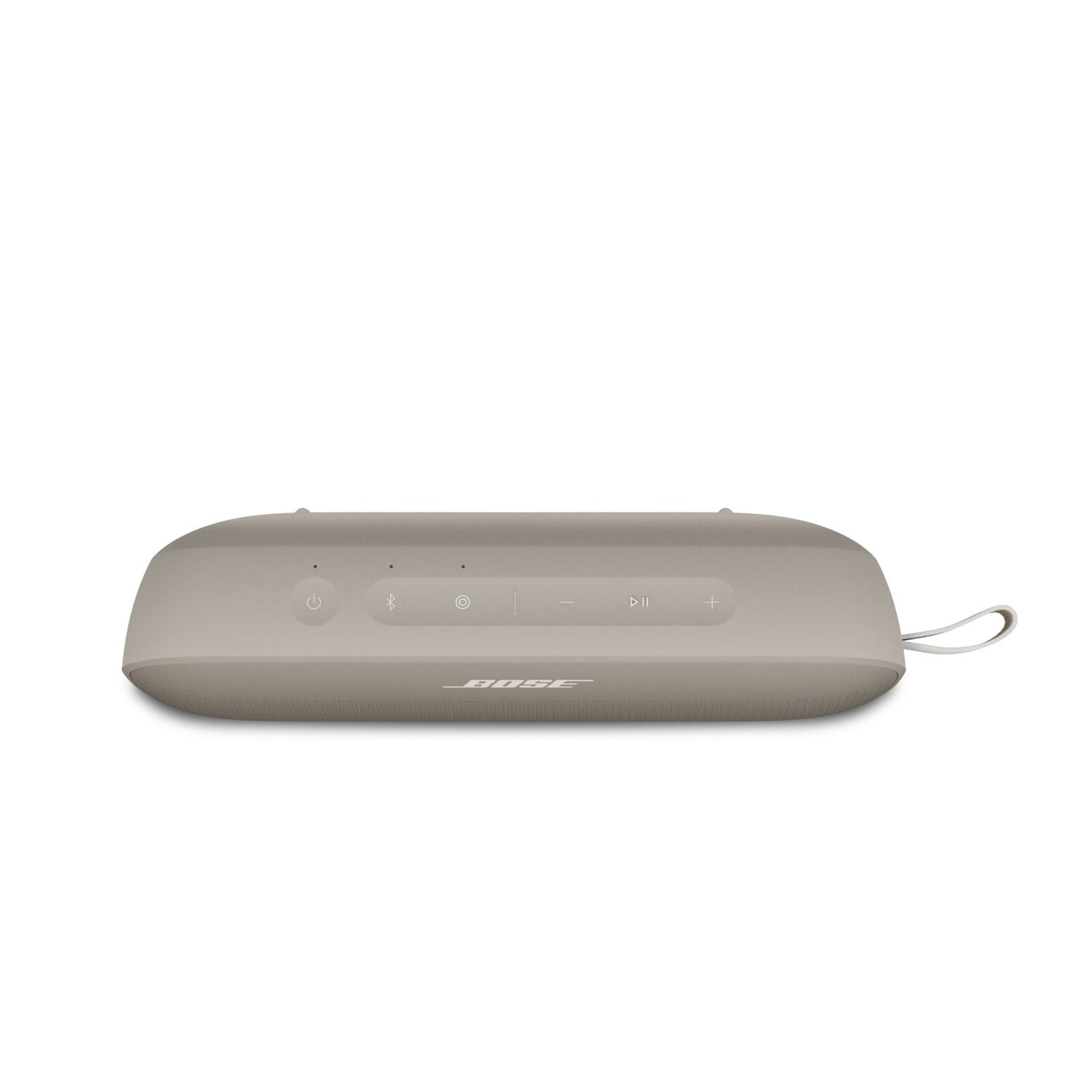 Gray speaker with control buttons and a handle. White background.