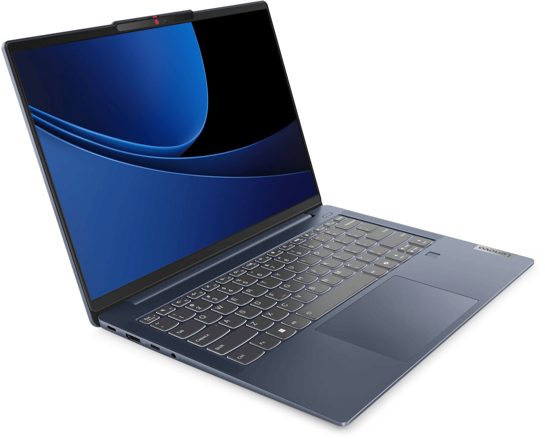 Kék laptop fekete háttérrel, kék képernyővel és billentyűzettel.