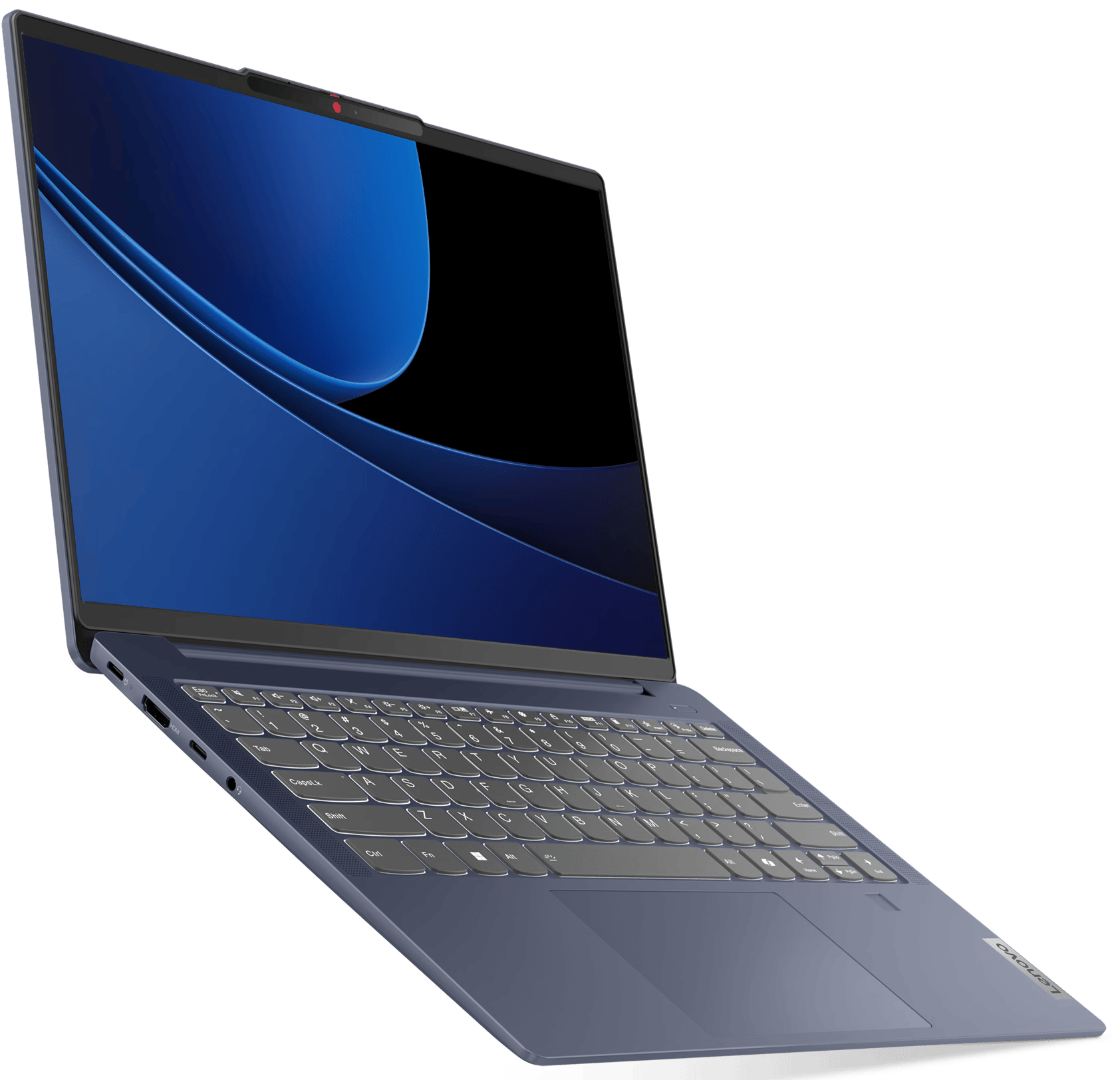 Nyitott Lenovo laptop, kék képernyő, billentyűzet látható, fekete háttér.