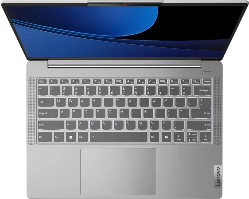 Nyitott laptop, látható billentyűzet. Szürke test, fekete gombok, kék képernyő, Lenovo logó.