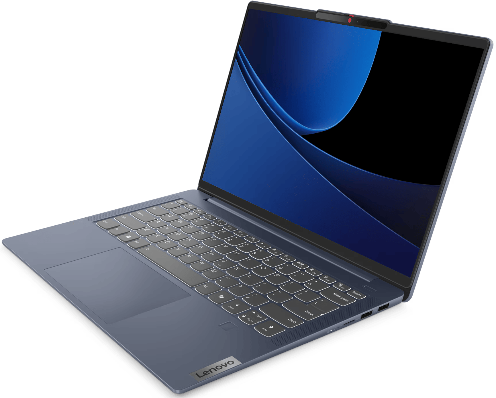 Egy Lenovo laptop, szögből, amely a billentyűzetet, a touchpadet és a képernyőt mutatja egy kék absztrakt háttérrel.