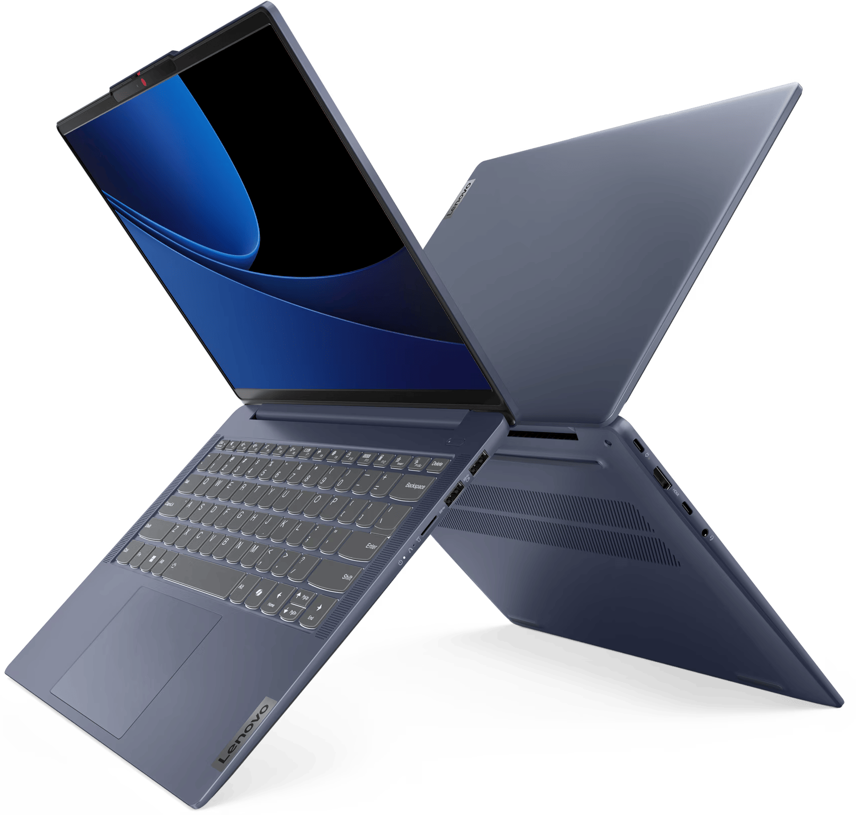 Kék Lenovo laptop, nyitva. A képernyő kék dizájnt mutat. Az egyik oldala nyitott, a másik zárt.