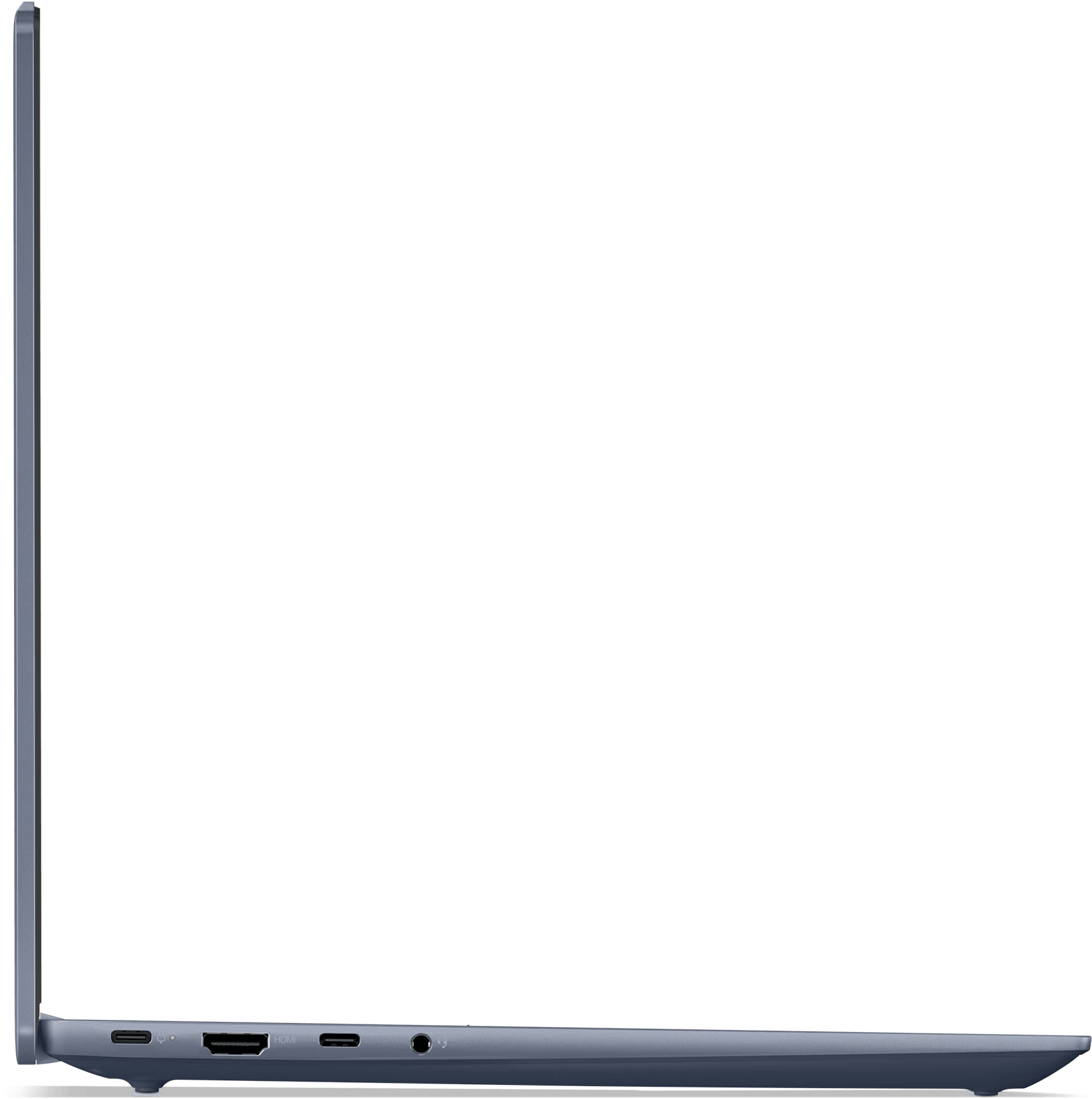 Egy kék laptop oldalról. A portok és a zsanér látható. A képernyő fekete.
