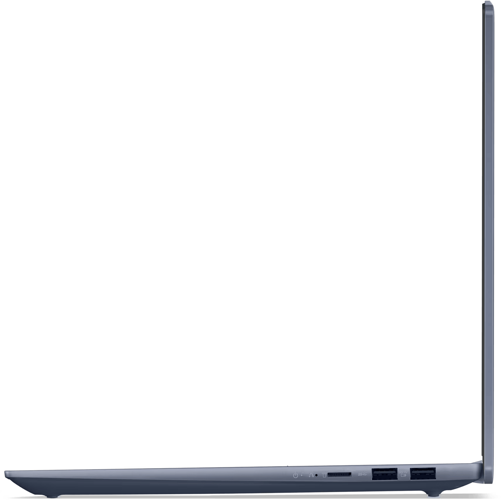 Kék laptop oldalsó nézete, portokkal és oldalsó profillal.