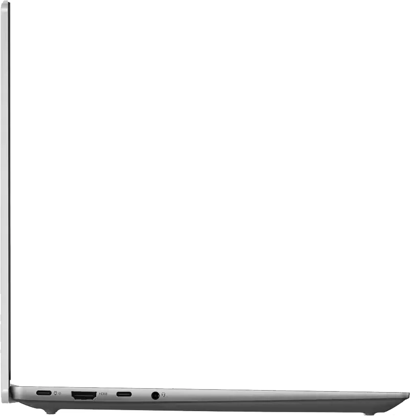 Ezüst laptop oldalsó nézete, portokkal: USB-C, HDMI és fejhallgató csatlakozó. Képernyő fekete.
